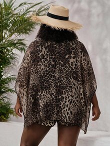CurvyTilda 大码女式雪纺豹纹蝙蝠袖宽松衬衫，适合度假休闲、毕业典礼、母亲节、外出、海滩、复活节、春季、夏季等场合穿着。 - 彩色 - 查看 2
