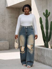 CurvyTilda Plus Size Women Loose Flared Ripped Distressed Jeans, Light Blue, Summer Women Clothes Back-To-School Graduation Mom 90s Goth - Dark Wash - View 4