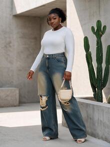 CurvyTilda Plus Size Women Loose Flared Ripped Distressed Jeans, Light Blue, Summer Women Clothes Back-To-School Graduation Mom 90s Goth - Dark Wash - View 5