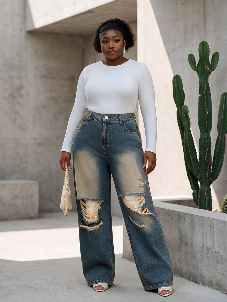 CurvyTilda Plus Size Women Loose Flared Ripped Distressed Jeans, Light Blue, Summer Women Clothes Back-To-School Graduation Mom 90s Goth