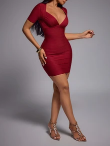 Nuvra Gaun Komuter Lengan Pendek Model Bandage Potongan Rendah Pas Badan Bodycon yang Membuat Tampak Lebih Tinggi - merah tua - View 5