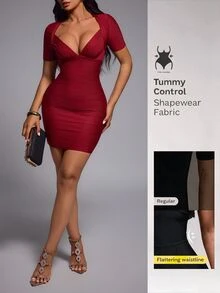 Nuvra Gaun Komuter Lengan Pendek Model Bandage Potongan Rendah Pas Badan Bodycon yang Membuat Tampak Lebih Tinggi - merah tua - View 3