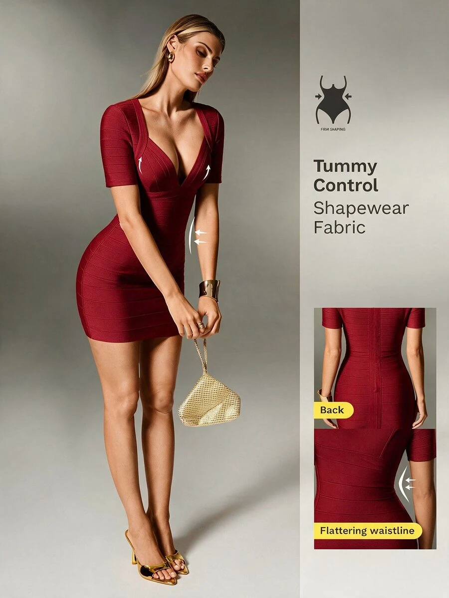 Nuvra Gaun Komuter Lengan Pendek Model Bandage Potongan Rendah Pas Badan Bodycon yang Membuat Tampak Lebih Tinggi - merah tua - View 1
