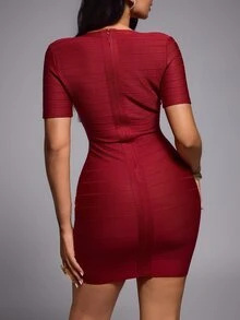 Nuvra Gaun Komuter Lengan Pendek Model Bandage Potongan Rendah Pas Badan Bodycon yang Membuat Tampak Lebih Tinggi - merah tua - View 2