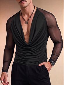 ZURIURI Men's Mesh Patchwork Cowl Neck Casual Sexy Rave Versatile Daily Wear T-Shirt Party Club Black Autumn - Black - View 6