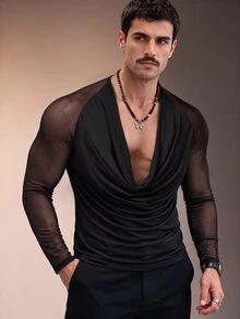ZURIURI Men's Mesh Patchwork Cowl Neck Casual Sexy Rave Versatile Daily Wear T-Shirt Party Club Black Autumn - Black - View 4