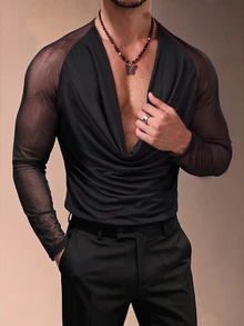 ZURIURI Men's Mesh Patchwork Cowl Neck Casual Sexy Rave Versatile Daily Wear T-Shirt Party Club Black Autumn - Black - View 3