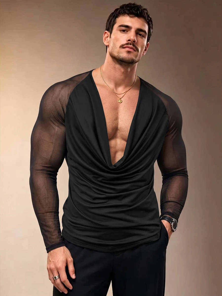 ZURIURI Men's Mesh Patchwork Cowl Neck Casual Sexy Rave Versatile Daily Wear T-Shirt Party Club Black Autumn - Black - View 1