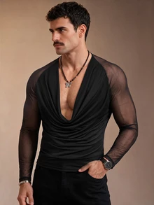 ZURIURI Men's Mesh Patchwork Cowl Neck Casual Sexy Rave Versatile Daily Wear T-Shirt Party Club Black Autumn - Black - View 7
