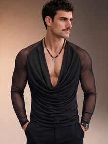 ZURIURI Men's Mesh Patchwork Cowl Neck Casual Sexy Rave Versatile Daily Wear T-Shirt Party Club Black Autumn - Black - View 8