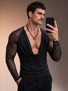 ZURIURI Men's Mesh Patchwork Cowl Neck Casual Sexy Rave Versatile Daily Wear T-Shirt Party Club Black Autumn - Black - View 5