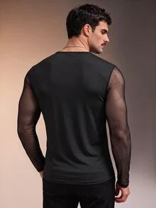 ZURIURI Men's Mesh Patchwork Cowl Neck Casual Sexy Rave Versatile Daily Wear T-Shirt Party Club Black Autumn - Black - View 2