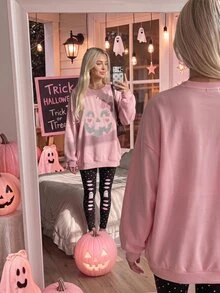 SHEIN EZwear 超可愛粉黑配色萬聖節南瓜幽靈波點圖案 Hey Bootiful Trick Or Treat 休閒柔軟圓領寬鬆套頭運動衫套裝，秋冬日常、萬聖節、甜美女孩風、南瓜季、BOO! - 彩色 - 查看 5
