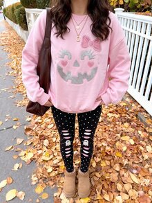 SHEIN EZwear 超可愛粉黑配色萬聖節南瓜幽靈波點圖案 Hey Bootiful Trick Or Treat 休閒柔軟圓領寬鬆套頭運動衫套裝，秋冬日常、萬聖節、甜美女孩風、南瓜季、BOO! - 彩色 - 查看 6