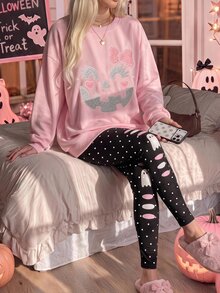 SHEIN EZwear 超可愛粉黑配色萬聖節南瓜幽靈波點圖案 Hey Bootiful Trick Or Treat 休閒柔軟圓領寬鬆套頭運動衫套裝，秋冬日常、萬聖節、甜美女孩風、南瓜季、BOO! - 彩色 - 查看 4
