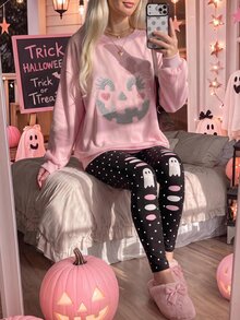 SHEIN EZwear 超可愛粉黑配色萬聖節南瓜幽靈波點圖案 Hey Bootiful Trick Or Treat 休閒柔軟圓領寬鬆套頭運動衫套裝，秋冬日常、萬聖節、甜美女孩風、南瓜季、BOO! - 彩色 - 查看 3
