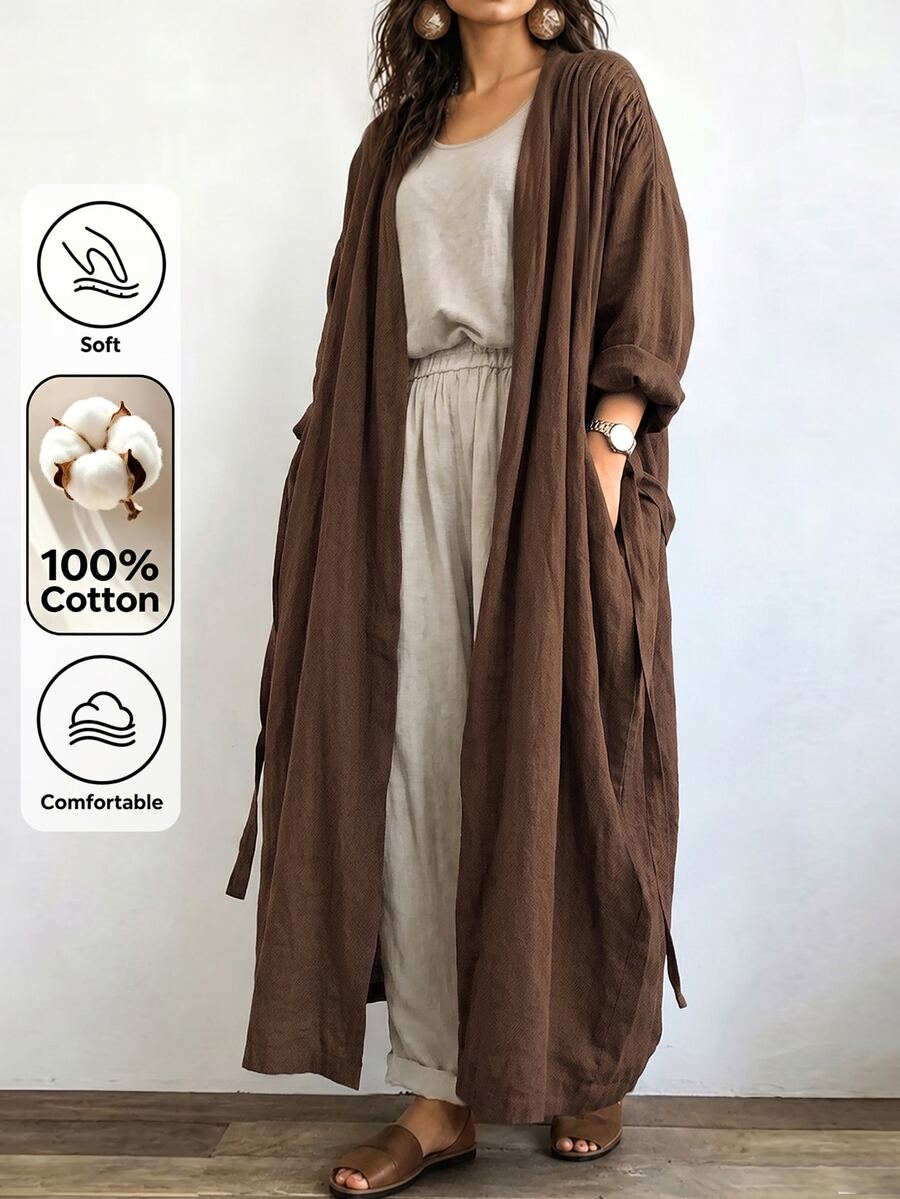Linhara CURVE Plus Size Women's Long Casual Linen Jacket, Outdoor Casual, Commute Top Fall - Coffee Brown - View 1