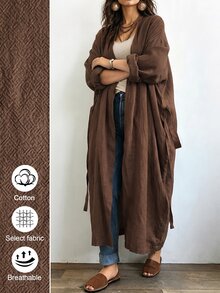 Linhara CURVE Plus Size Women's Long Casual Linen Jacket, Outdoor Casual, Commute Top Fall - Coffee Brown - View 3