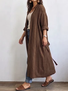 Linhara CURVE Plus Size Women's Long Casual Linen Jacket, Outdoor Casual, Commute Top Fall - Coffee Brown - View 4
