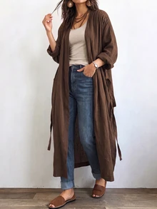 Linhara CURVE Plus Size Women's Long Casual Linen Jacket, Outdoor Casual, Commute Top Fall - Coffee Brown - View 5