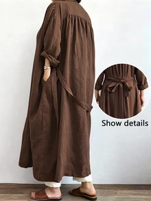 Linhara CURVE Plus Size Women's Long Casual Linen Jacket, Outdoor Casual, Commute Top Fall - Coffee Brown - View 2