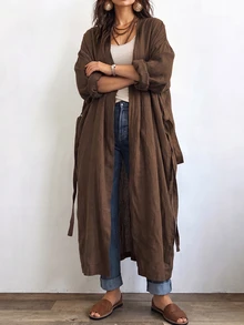Linhara CURVE Plus Size Women's Long Casual Linen Jacket, Outdoor Casual, Commute Top Fall - Coffee Brown - View 6