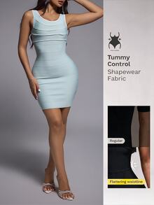 Nuvra Sleeveless V-Neck Patchwork Line Fashion Elegant Waist-Cinching Slimming Commuter Dress - Green - View 3