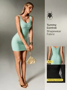 Nuvra Sleeveless V-Neck Patchwork Line Fashion Elegant Waist-Cinching Slimming Commuter Dress - Green - View 1