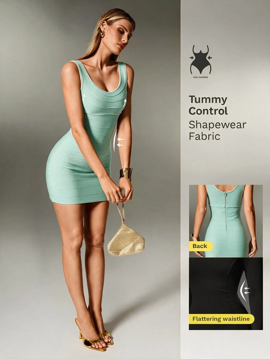 Nuvra Sleeveless V-Neck Patchwork Line Fashion Elegant Waist-Cinching Slimming Commuter Dress - Green - View 1