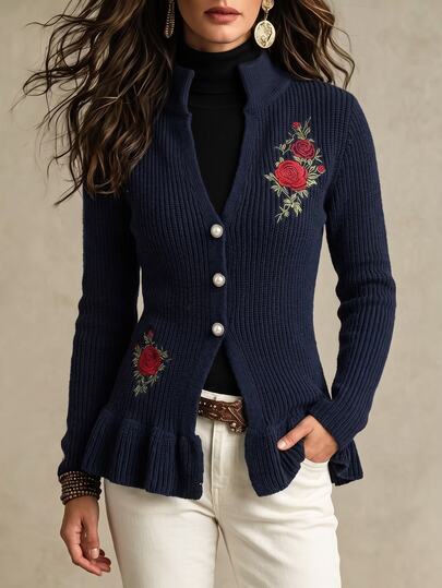 LUMIGAL Women's Floral Embroidered Single-Breasted Cardigan With Ruffle Hem