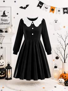 SHEIN Tween Girl Fall Dresses Elegant Lace Collar Long Sleeve 2 In 1 Colorblock Dress, Suitable For Autumn/Winter, Spring/Fall Travel, Vacation - Black - View 4