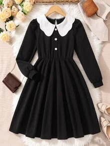 SHEIN Tween Girl Fall Dresses Elegant Lace Collar Long Sleeve 2 In 1 Colorblock Dress, Suitable For Autumn/Winter, Spring/Fall Travel, Vacation - Black - View 5