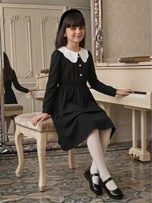 SHEIN Tween Girl Fall Dresses Elegant Lace Collar Long Sleeve 2 In 1 Colorblock Dress, Suitable For Autumn/Winter, Spring/Fall Travel, Vacation - Black - View 8