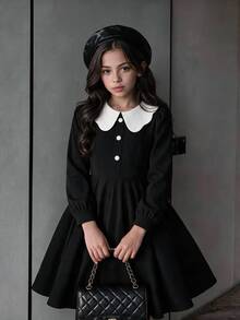 SHEIN Tween Girl Fall Dresses Elegant Lace Collar Long Sleeve 2 In 1 Colorblock Dress, Suitable For Autumn/Winter, Spring/Fall Travel, Vacation - Black - View 1