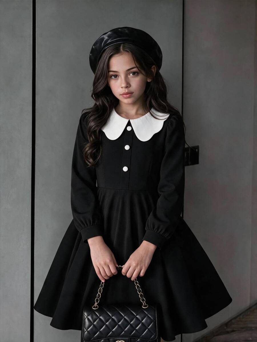 SHEIN Tween Girl Fall Dresses Elegant Lace Collar Long Sleeve 2 In 1 Colorblock Dress, Suitable For Autumn/Winter, Spring/Fall Travel, Vacation - Black - View 1