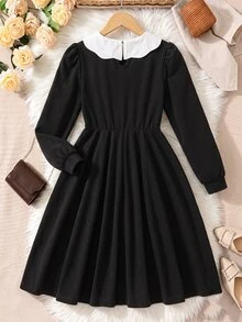 SHEIN Tween Girl Fall Dresses Elegant Lace Collar Long Sleeve 2 In 1 Colorblock Dress, Suitable For Autumn/Winter, Spring/Fall Travel, Vacation - Black - View 3