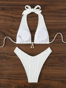 SHEIN Swim 夏季海滩女士纯色挂脖比基尼套装带人造珍珠和贝壳吊坠装饰，两件套 - 白色 - 查看 4