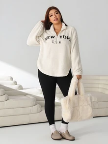 Solflare Plus Size Women Letter Embroidered Long Sleeve Sweatshirt And Leggings Casual 2 Pieces Set Winter - Multicolor - View 8