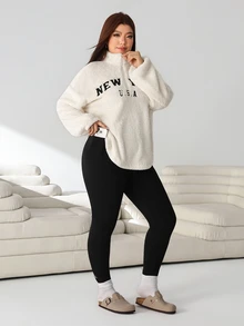 Solflare Plus Size Women Letter Embroidered Long Sleeve Sweatshirt And Leggings Casual 2 Pieces Set Winter - Multicolor - View 4