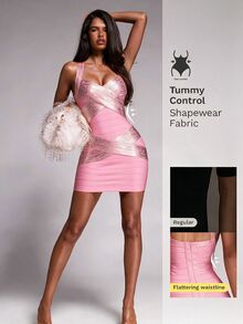 Nuvra Light Luxury V-Neck Gold Foil Criss-Cross Bandage Party Mini Dress - Multicolor - View 1