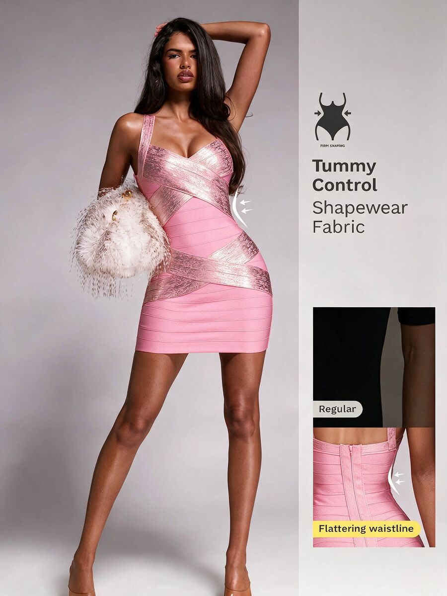 Nuvra Light Luxury V-Neck Gold Foil Criss-Cross Bandage Party Mini Dress - Multicolor - View 1