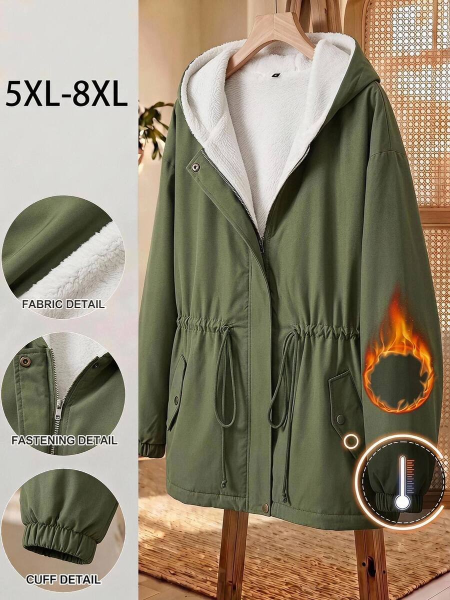 SHEIN CURVE+ 大尺碼拉鍊抽繩長袖連帽抓絨外套 冬季 - 軍綠色 - 查看 1