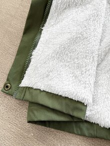 SHEIN CURVE+ Jaket Fleece Berkerudung Lengan Panjang dengan Resleting dan Tali Serut Ukuran Besar - Hijau Tentara - View 11