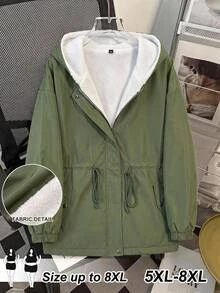 SHEIN CURVE+ Jaket Fleece Berkerudung Lengan Panjang dengan Resleting dan Tali Serut Ukuran Besar - Hijau Tentara - View 3