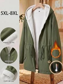 SHEIN CURVE+ Jaket Fleece Berkerudung Lengan Panjang dengan Resleting dan Tali Serut Ukuran Besar - Hijau Tentara - View 1
