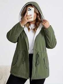 SHEIN CURVE+ Jaket Fleece Berkerudung Lengan Panjang dengan Resleting dan Tali Serut Ukuran Besar - Hijau Tentara - View 7