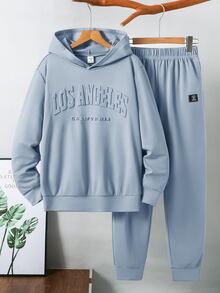 SHEIN 青少年男孩拼色寬鬆長袖連帽衫套裝，冬季，街頭風，畢業，返校 - 藍色 - 查看 2