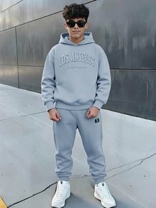 SHEIN 青少年男孩拼色寬鬆長袖連帽衫套裝，冬季，街頭風，畢業，返校 - 藍色 - 查看 1