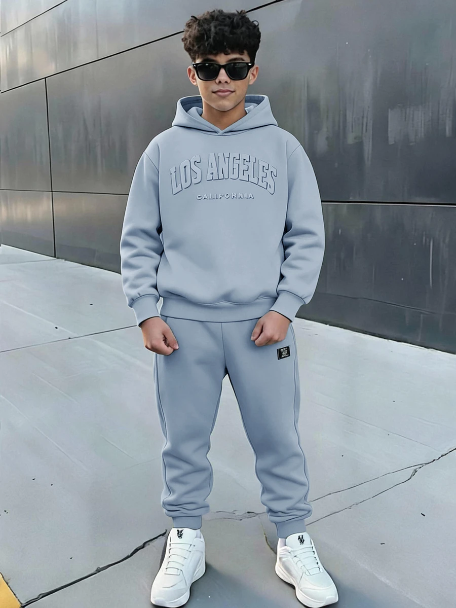 SHEIN 青少年男孩拼色寬鬆長袖連帽衫套裝,冬季,街頭風,畢業,返校 - 藍色 - 查看 1