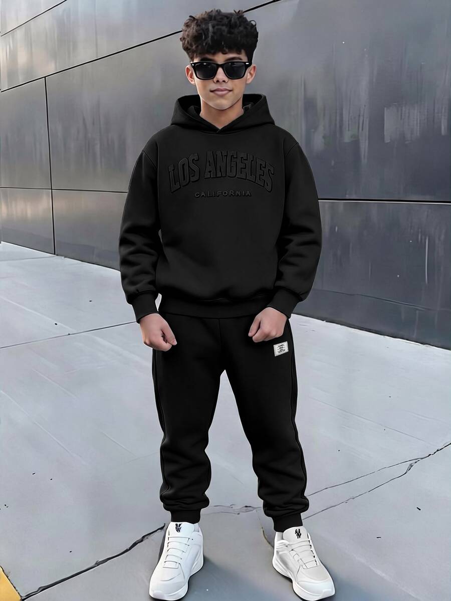 SHEIN Teen Boy Color Blocking Loose Long Sleeve Hoodie Set,Winter,Streetwear,Graduation,Back-To-School - Black - View 1